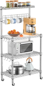 Leteuke Bakers Rack for Kitchen with Storage, NSF Certified 4-Tier Adjustable Coffee Bar with Wheels 10 S-Hooks Microwave Stand Kitchen Storage Shelf Metal Storage Rack 30 x 14 x 59 Inches, Chrome