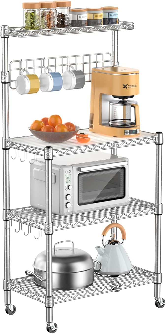 Leteuke Bakers Rack for Kitchen with Storage, NSF Certified 4-Tier Adjustable Coffee Bar with Wheels 10 S-Hooks Microwave Stand Kitchen Storage Shelf Metal Storage Rack 30 x 14 x 59 Inches, Chrome