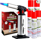 Jo Chef Kitchen Torch with Butane Included – Refillable Lighter with Safety Lock & Adjustable Flame, Blow Culinary Torch for Cooking, BBQ, Creme Brulee, DIY and Soldering - 5 Cans (3.38oz) Included