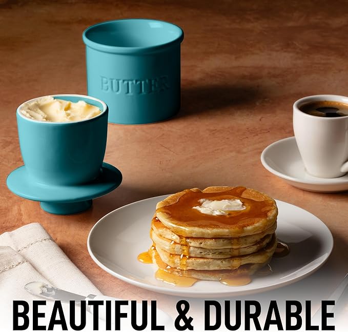 Zulay Kitchen Porcelain Butter Crock With Lid & Knife - Authentic French Butter Dish For Fresh & Spreadable Butter - Turqoise