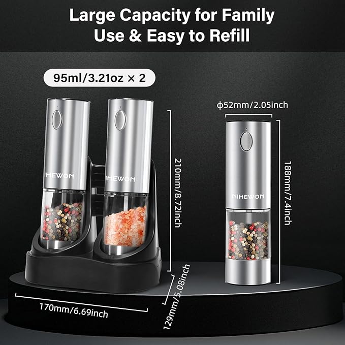 Electric Salt and Pepper Grinder Set Rechargeable, Automatic Salt and Pepper Grinder Set for Kitchen, USB Charging Base & LED Light, Adjustable Coarseness, Stainless Steel
