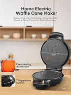 FOHERE Waffle Cone Maker Machine and Ice Cream Bowl Maker with Browning Control, Double Side Nonstick Waffle Bowl Maker with Cone Roller, 7.5” Thin Waffle Maker for Home Kitchen