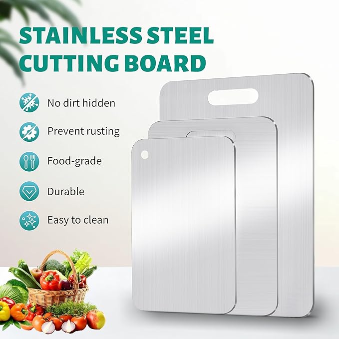 Stainless Steel Cutting Board, 3 PCS Cutting Boards for Kitchen, 304 Stainless Non Stick Chopping Cutting Board for Meat Fruit & Vegetable, Dishwasher Safe (15.3 x 11, 13.4 x 9, 11.8 x 7.9 in)
