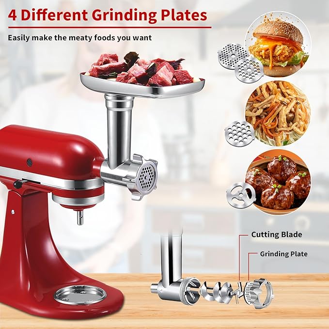 Meat Grinder&Slicer Shredder Attachments for KitchenAid Stand Mixer, Metal Food Grinder with Sausage Stuffer Tubes, Cheese Grater Attachment Salad Maker, Burger Press For KitchenAid Mixer Accessories