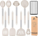 Silicone Cooking Utensil Set, 8Pcs Non-stick Cookwares with Stainless Steel Handle, BPA Free Heat Resistant Kitchen Tools with Spatulas, Turners, Spoons, Skimmer and Pasta Fork (KHAKI)