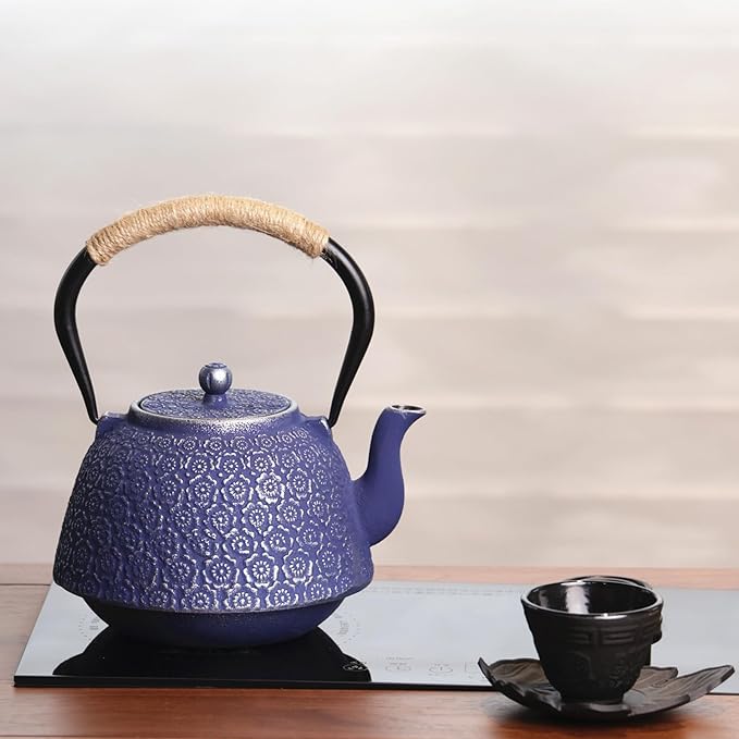 Cast Iron Tea Pot Japanese Tetsubin Tea Kettle with Stainless Steel Infuser,Tong and Iron Trivet Coated with Enamel Interior for Stovetop Safe 40 oz Blue cast iron teapot