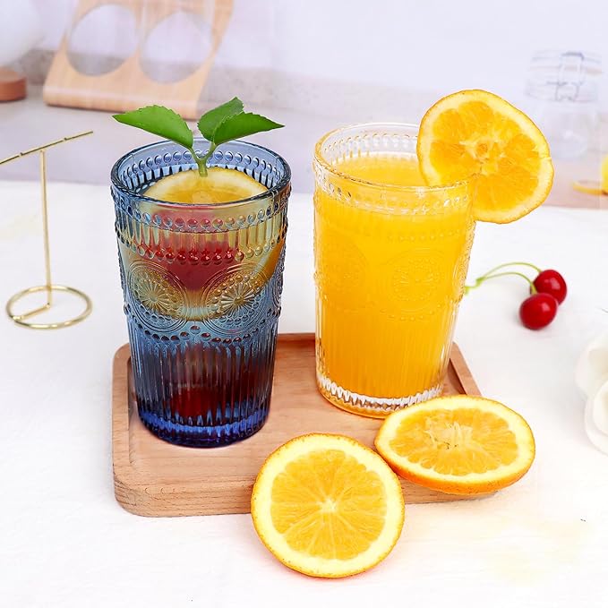 6pcs Vintage Drinking Glasses Set, 12 oz Blue Highball Glasses, Embossed Ribbed Glassware Cups for Cocktail, Water, Juice, Coffee, Whiskey