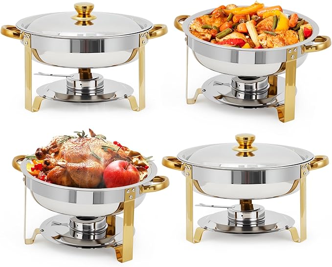 Garvee 4 Pack Chafing Dishes for Buffet, 5 QT Round Buffet Servers and Food Warmer Set with Lid, Stainless Steel Chafers for Catering Parties Wedding Banquet, Gold