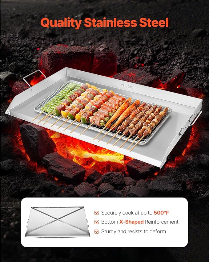 VEVOR Stainless Steel Griddle, 36x22 inch Universal Flat Top Rectangular Plate, Gas Grill Griddle for BBQ Grill, Teppanyaki, Portable Family Cookware with Handle, for Camping Tailgating Party