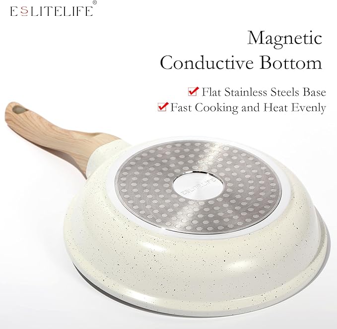 ESLITE LIFE Nonstick Ceramic Frying Pan Skillet, Non-Toxic Egg Omelette Kitchen Cooking Pans Compatible with All Stovetops (Gas, Electric & Induction), PTFE & PFOA Free (White, 11'')