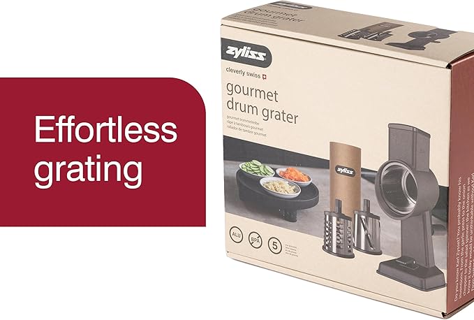 Zyliss Rotary Cheese Grater, Aluminium, 3 Steel Drum Blades, Cheese, Vegetable, Chocolate, Nut, Fruit Grater with Handle, Non-Slip Suction Foot and Table Clamp, 5 Year Guarantee