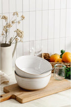 Large Serving Bowls Set of 2, 8 inch & 60 oz Salad Bowl, Bowls for Kitchen, Ceramic Bowl for Salad, Soup, Ramen, Popcorn, Chip, Farmhouse Kitchen Decorative, Vanilla White