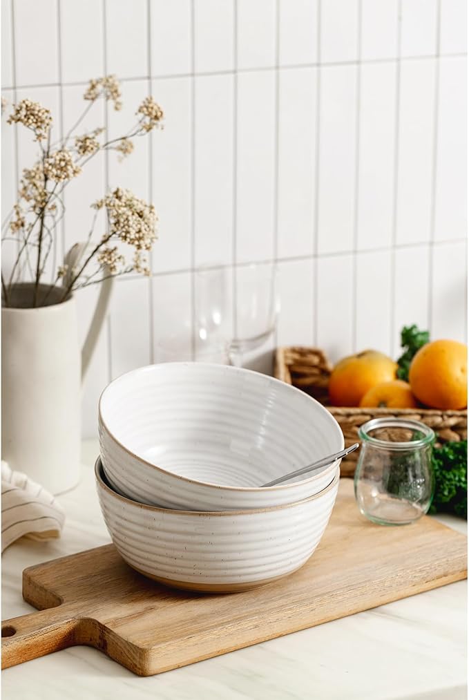 Large Serving Bowls Set of 2, 8 inch & 60 oz Salad Bowl, Bowls for Kitchen, Ceramic Bowl for Salad, Soup, Ramen, Popcorn, Chip, Farmhouse Kitchen Decorative, Vanilla White