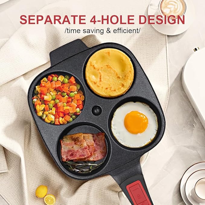 4-Cup Egg Pan with Lid, Nonstick Omelette Skillet with Detachable Handle, Pancake Pan Egg Cooker Induction Compatible