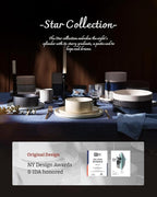 famiware Star Espresso Cups and Saucers Set of 4, [ Mini ] 3 oz Ceramic Small Coffee Mug with Handle, Ribbed Stoneware Demitasse Cup for Tea, Latte - Microwave & Dishwasher Safe - Smoky Blue