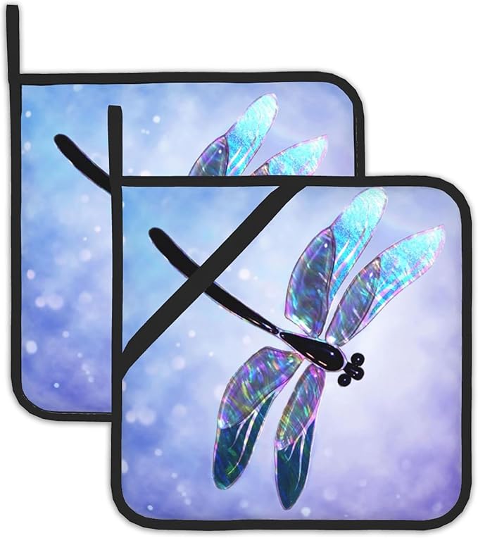 2PCS Dragonfly Pot Holder with Loop,Fantasy Dragonfly Heat Resistant Oven Pads, Hot Pat for Kitchen Cooking Baking Food