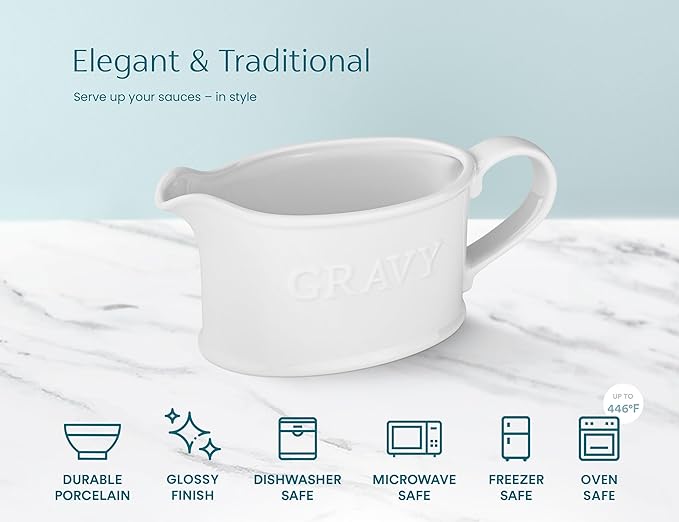 Kook Ceramic Gravy Boat, Serving Dispenser, Porcelain Pitcher for Sauces, Dressings and Creamer, Large Handle, Microwave and Dishwasher Safe, 18 oz, White