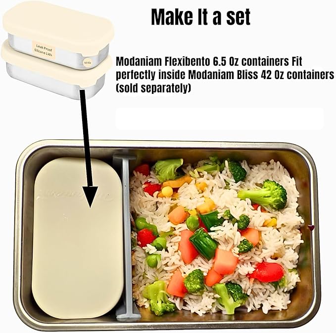 Flexibento - 2 x 6.5 oz | Leak proof | Small Stainless steel Snack Containers with Silicone lids|Dip and condiment containers | Plastic and BPA free | Metal Lunch box | Vanilla (set of 2)