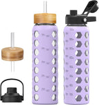 MUKOKO Glass Water Bottles, 32oz Glass Tumbler with Straw, Drinking Bottles with 2 Lids-Handle Spout Lid&Bamboo Straw Lid, Motivational Water Bottle with Time Marker and Silicone Sleeve, 1 Pack-Purple