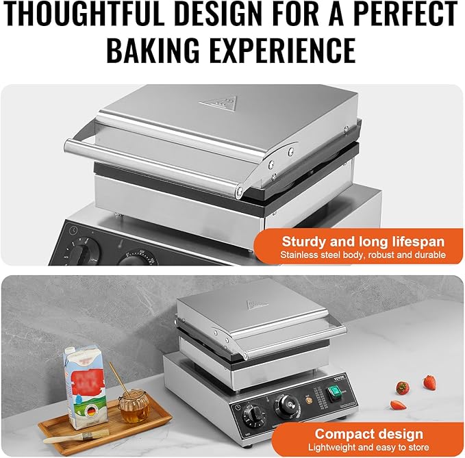 VEVOR Commercial Waffle Maker, 4PCS Round Waffle Baker Machine,1750W Non-Stick Stainless Steel Belgian Waffle Iron with Temperature and Time Control, for Restaurant Bakery Snack Bar Family