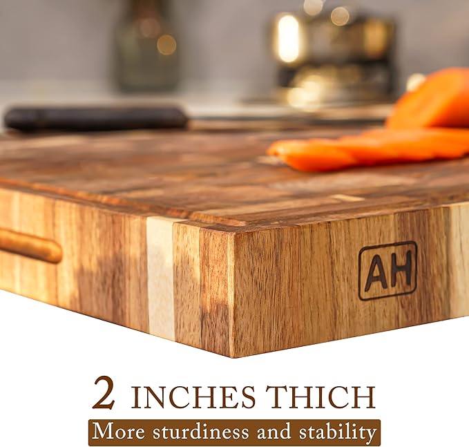 AZRHOM Thick End Grain Acacia Wood Cutting Board 24x18x2 In, Wooden Butcher Block, Chopping Board For Kitchen with Juice Groove Handles Non-Slip Pats (Gift Box)