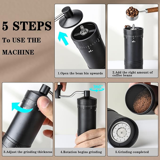 Manual Coffee Grinder with 7 Star Stainless Steel Conical Burr, Portable Coffee Grinder with External Adjustable Grind Setting (Black)