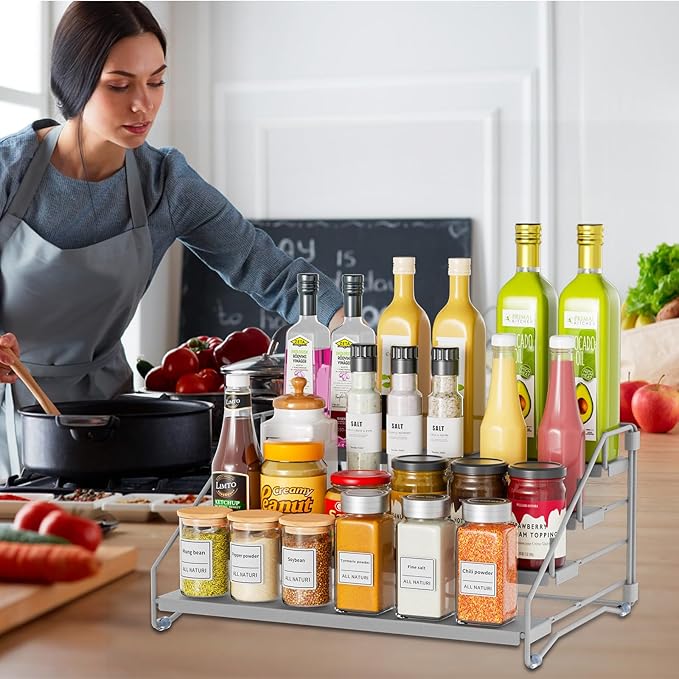 RCHYFEED 4 Tier Spice Rack Organizer, Spice Organization for Cabinet,Pantry, Countertop,Tiered Spice Rack Easy Visibility,Depth Expandable Seasoning Shelf for Kitchen Cabinet Organizer,Silver