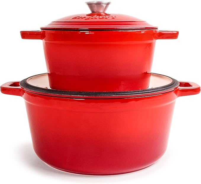 BergHOFF 10Pc Neo Enameled Cast Iron Cookware Set, Matching Lid, Oven Safe Up To 400°F, Red