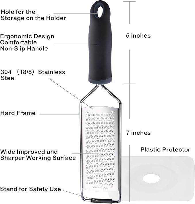 Stainless Steel Cheese Grater, Ergonomic Soft Handle Lemon Ginger Potato Zester with Plastic Cover