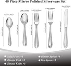 Silverware Set, 40-Piece Stainless Steel Flatware, 18/0 Stainless Steel Utensils, Dishwasher Safe, Modern Tableware for Home & Kitchen Dining