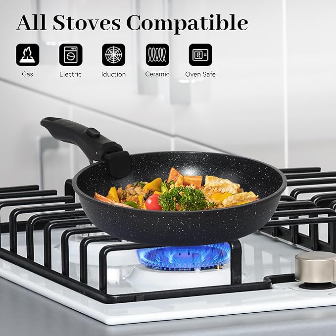 15PCS Pots and Pans Set Non Stick, Kitchen Cookware Sets with Detachable Handle, Ceramic Cookware Sets, Non Stick RV Cookware Cooking Set, Dishwasher ＆ Oven Safe, PFOA Free, Black