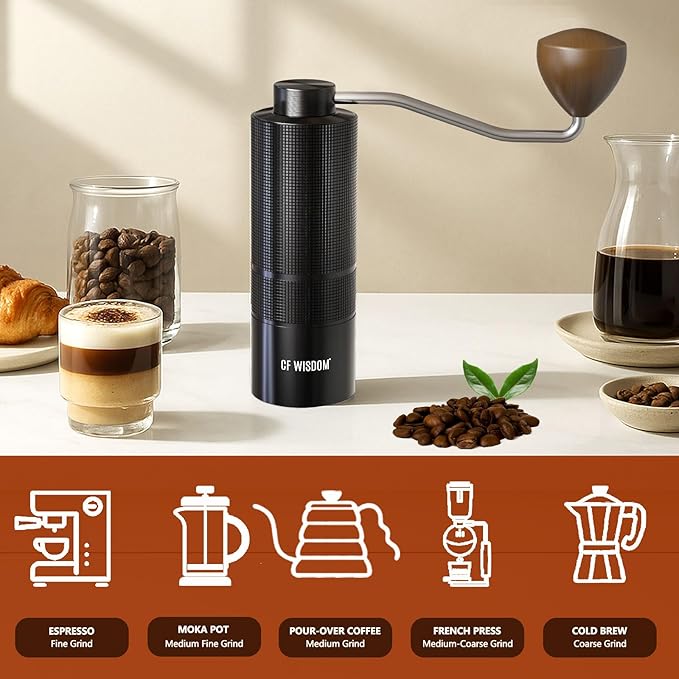 Manual Coffee Grinder with Adjustable Grind Setting - Steel Burr Hand Grinder for Espresso, French Press, Pour Over - Portable Coffee Bean Grinder for Travel, Office