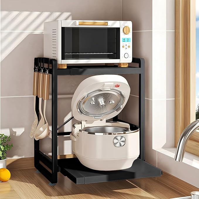 2-Tier Microwave Rack - Height Adjustable & Extendable Kitchen Shelf with Drawer - Carbon Steel - Includes Hooks & Reinforcement Suction Cups - Easy Assembly (Black)