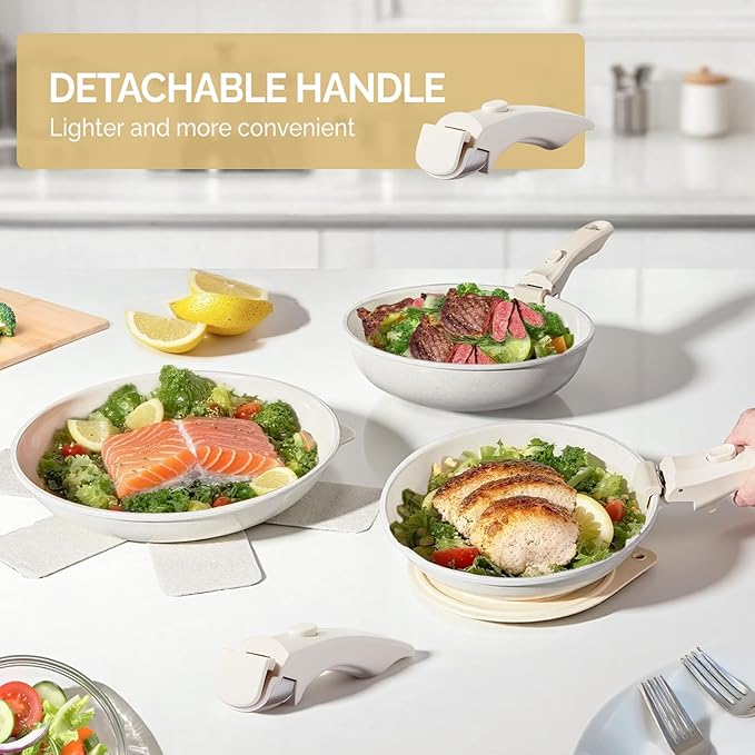 ROVSUN 22 Pcs Nonstick Pots and Pans Set, Cast Aluminum Kitchen Cookware Set with Detachable Handles, RV Kitchen Cooking Set and Utensils, Dishwasher Safe, PFAS PFOA & PFOS Free, Cream White