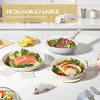 ROVSUN 19 Pcs Nonstick Pots and Pans Set, Cast Aluminum Kitchen Cookware Set with Detachable Handles, RV Kitchen Cooking Set and Utensils, Dishwasher Safe, PFAS PFOA & PFOS Free, Cream White