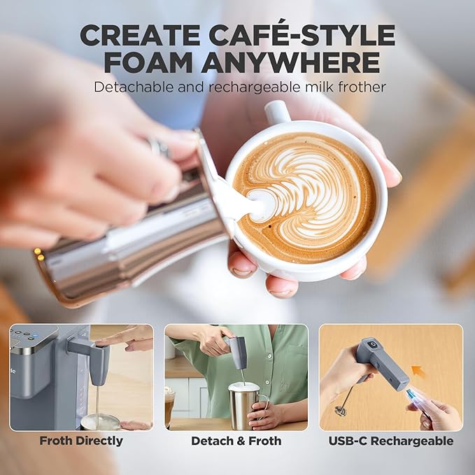 Single Serve Coffee Maker with Built-in Detachable Milk Frother, Iced and Hot Coffee Machine for K Cup & Grounds, 40oz Removable Water Reservoir, 6 Cup Sizes, Fits 7.3" Travel Mug, Gray