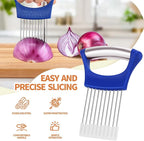 2PCs Stainless Steel Onion Slicer Holder, Onion Cutter Holder for Slicing of Onions,Tomatoes,Avocados,Eggs and Other Vegetables,KItchen Utensils (Blue & Black)