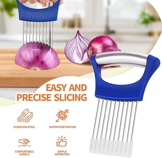 2PCs Stainless Steel Onion Slicer Holder, Onion Cutter Holder for Slicing of Onions,Tomatoes,Avocados,Eggs and Other Vegetables,KItchen Utensils (Blue & Black)