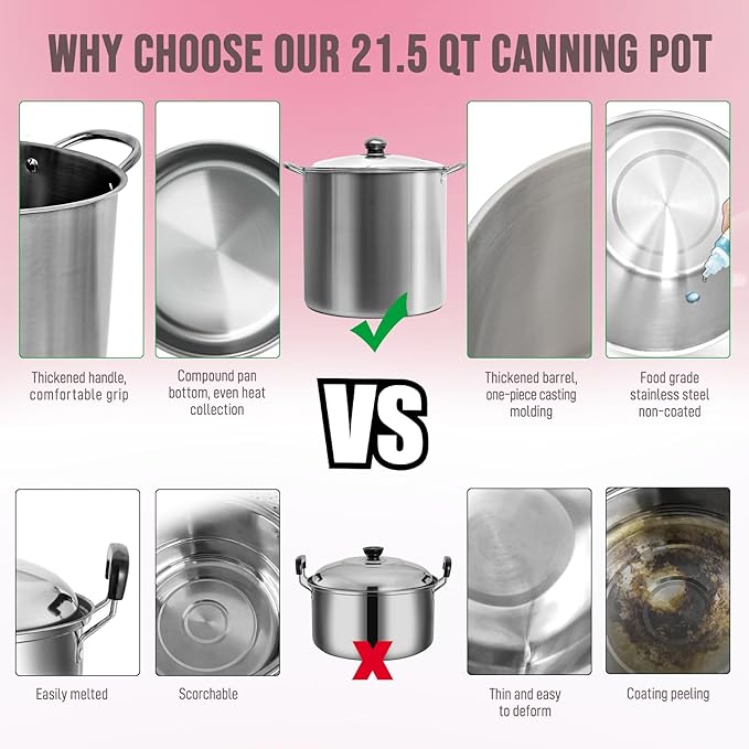 Canning Pot Water Bath Canner with Rack and Lid, 21.5QT Stainless Steel Stock Pot, Canning Supplies Starter Kit with Mason Jars, Tongs, Full Canning Accessories & Canning Tools Set for Beginners