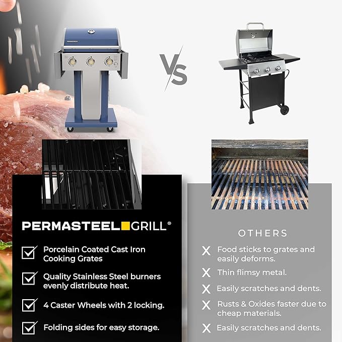 Permasteel 3-Burner Propane Gas Grill, 30,000 BTUs BBQ Grill with Cast Iron Grates, Foldable Side Tables & Tool Hooks, Outdoor Grill, Azure