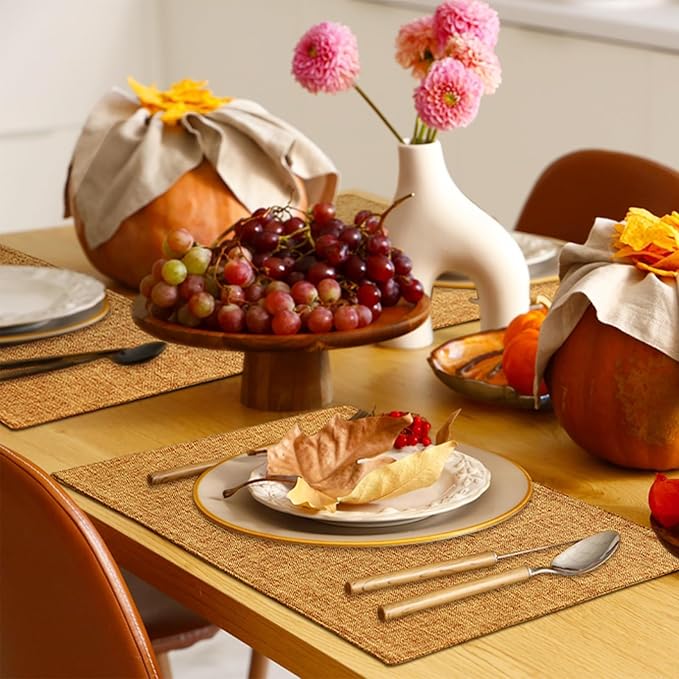 Homaxy Cloths Placemats for Dining Table Set of 6, Heat Resistant Washable Cotton Linen Blend Table Mats, Ideal for Kitchen Party Dining Decoration, 13" x 19", Amber