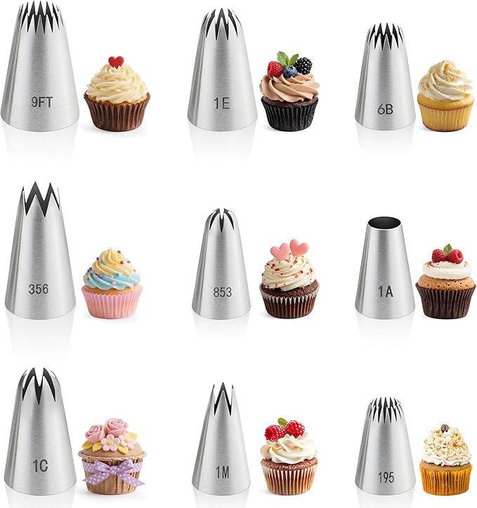 9PCS Large Piping Tips Set, Stainless Steel Cake Decorating Tips, Pastry Cake Decorating Tips Baking Tools for Baking Cupcakes, Cake Decorating