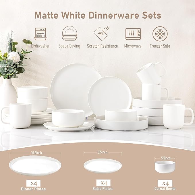 LERATIO Stoneware Dinnerware Sets for 4,Handcarft Ceramic Plates and Bowls Sets,Chip and Scratch Resistant Dishes, Dishwasher & Microwave Safe, Oven safe,Reactive Glaze-White