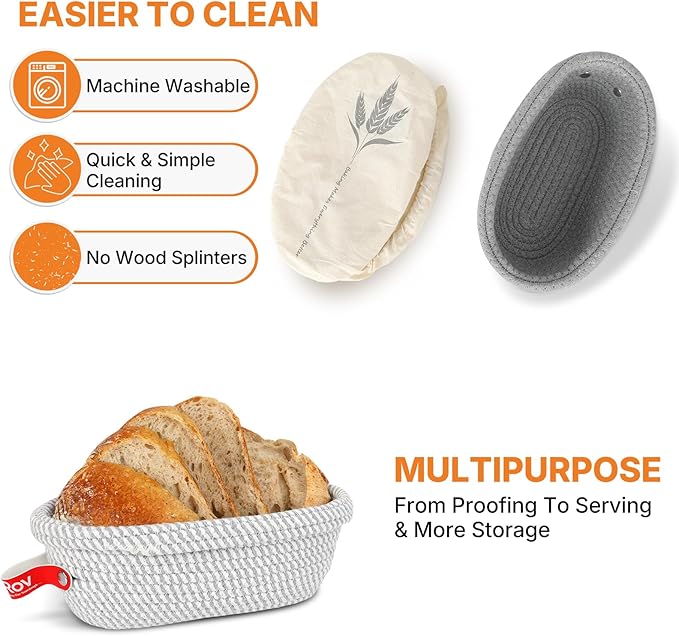 Banneton Bread Proofing Basket Set - 2X Oval Sourdough Proofing Baskets - Sourdough Proofing Bowls Bread Baking Supplies With Liner & Cloth Cover - Cotton Rope Banneton Basket for Baking