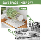 Dish Rack with Drip Tray, Stainless Steel 3-Tier Collapsible Drainer Dish Drying Rack for Kitchen Counter, Sink, Countertop,Cutlery, Dishes Utensils Flatware Holder Set, Reversible Cup Draining Rack