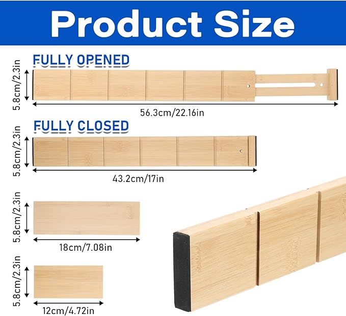 6 Pack Bamboo Drawer Dividers with 12 Inserts Expandable Adjustable 17" to 22" Drawer Organizers Separators for Kitchen, Bedroom, Home, Clothes, Dressers, Office