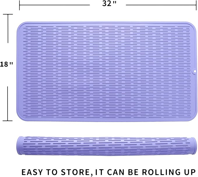 Silicone Dish Drying Mat for Multiple Usage,Easy clean,Eco-friendly,Heat-resistant Silicone Mat for Kitchen Counter or Sink,Refrigerator or Drawer Liner Light Purple 4XL 32 inches x 18 inches