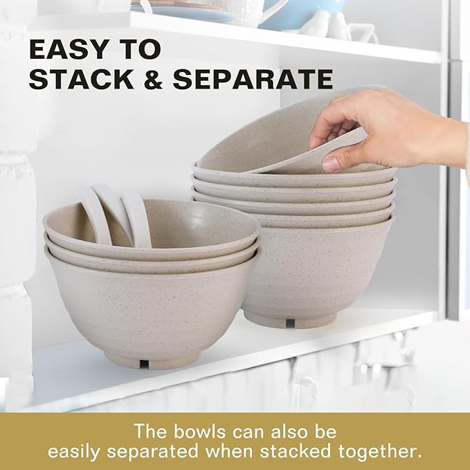 34 Oz Large Cereal Bowls, Unbreakable Wheat Straw Dinnerware Sets with Spoons, White Plastic Soup Bowls Reusable Microwave Dishwasher Safe Set of 6 for Kitchen RV Salad Ramen Ice Cream, Beige