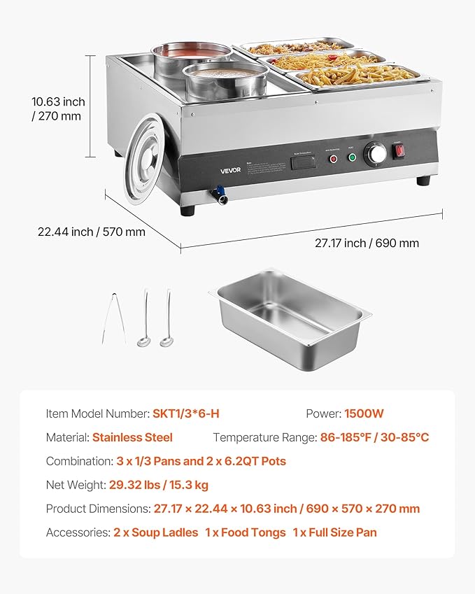 VEVOR Electric Soup Warmer, Two 6.34QT Pots & Three 1/3 Pans, Stainless Steel Commercial Food Warmer with 86~185°F Adjustable Temp, 1500W Bain Marie, Soup Station for Restaurant, Buffet