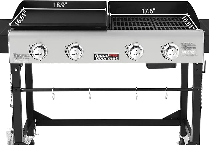 Royal Gourmet GD401C 4-Burner Propane Gas Grill and Griddle Combo with Cover, Griddle Grill Combo with 48,000 BTUs Output for Outdoor Cooking While Camping or Tailgating, Black & Silver